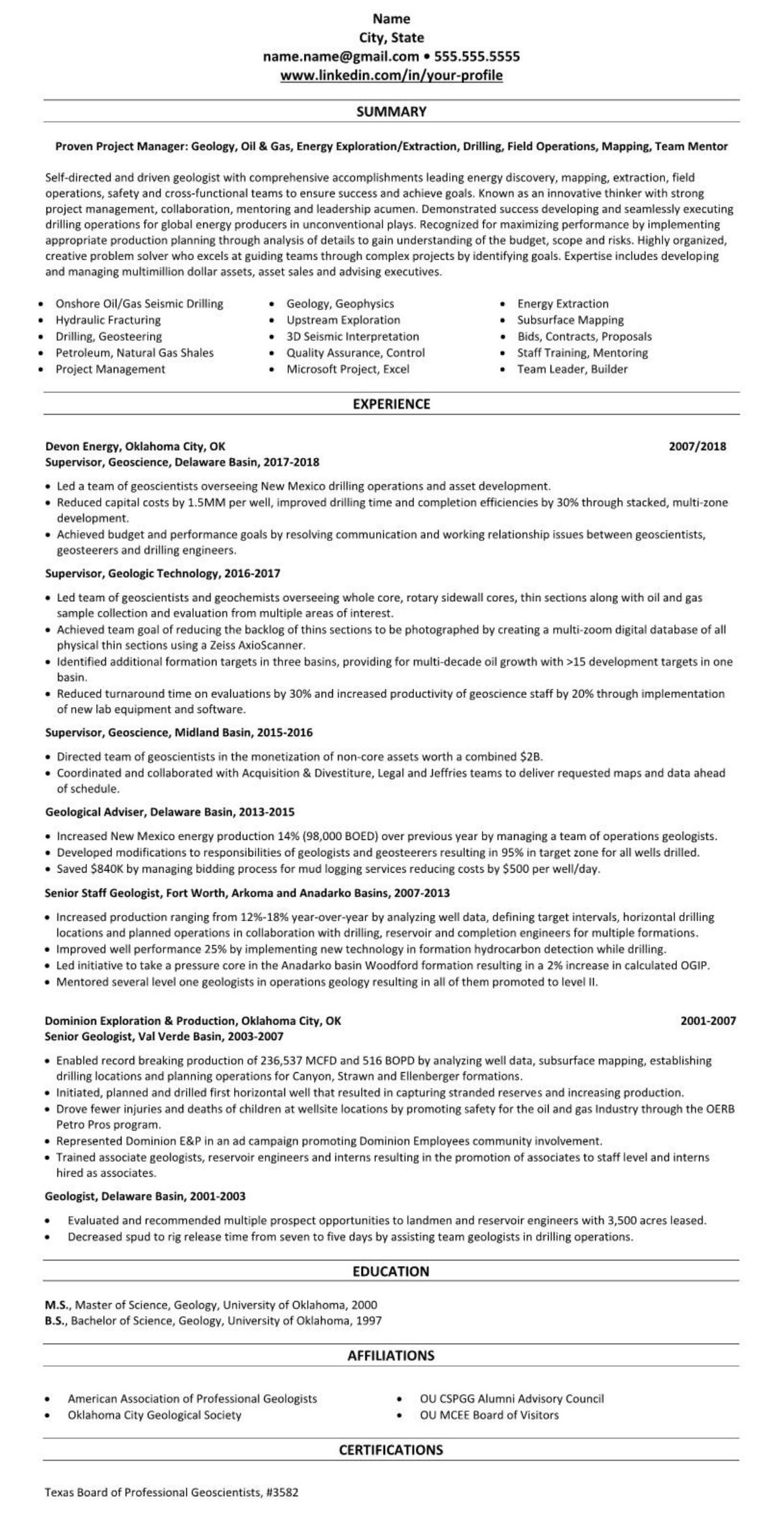 professional executive resume example oil energy drilling 2154