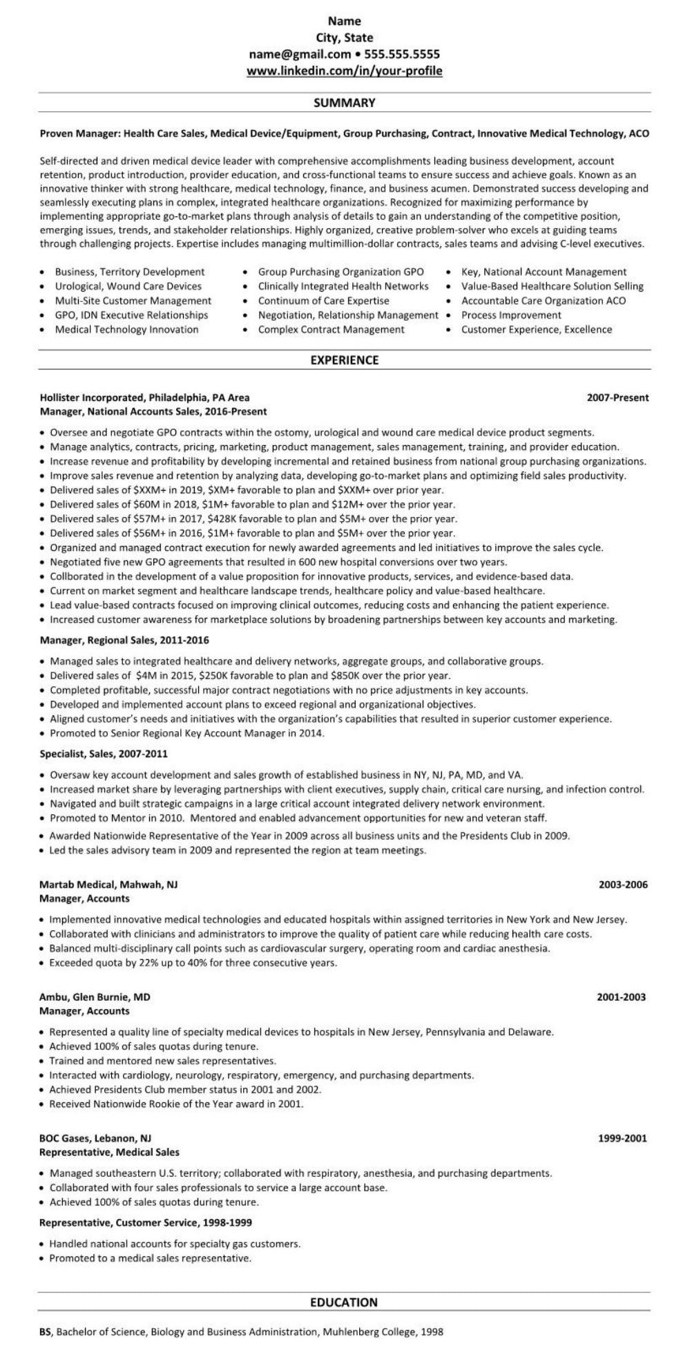 professional executive resume example medical device sales 2455