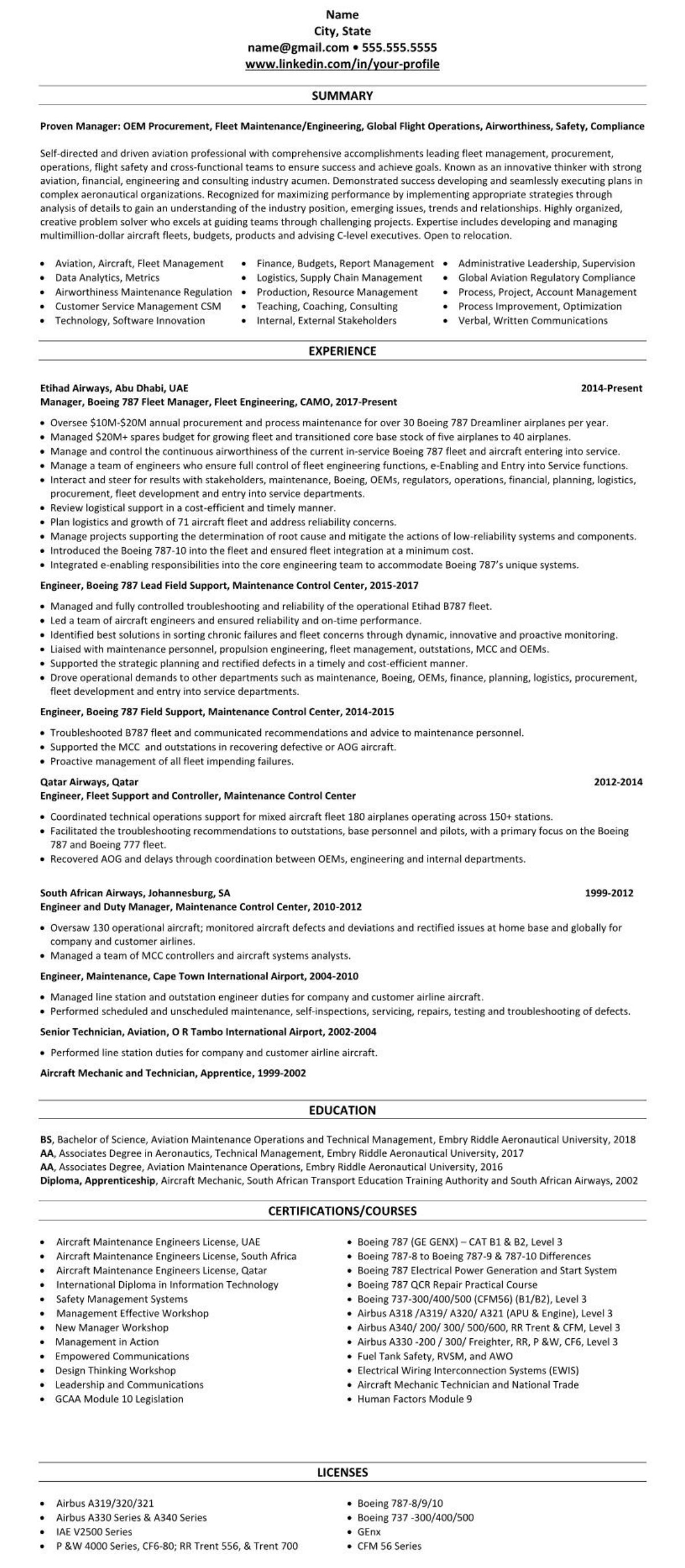 Professional/executive resume example aviation airline aircraft maintenance equipment 2466