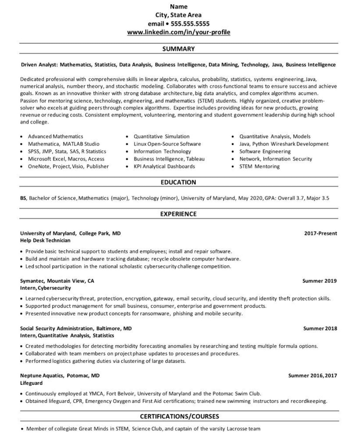 College University Student Math Tech Resume Example 1628 One Page