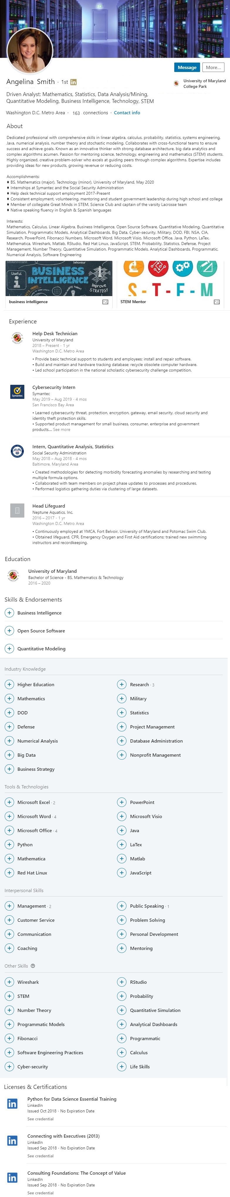 College University Student Math Techology Sample Linkedin Profile Example 1628