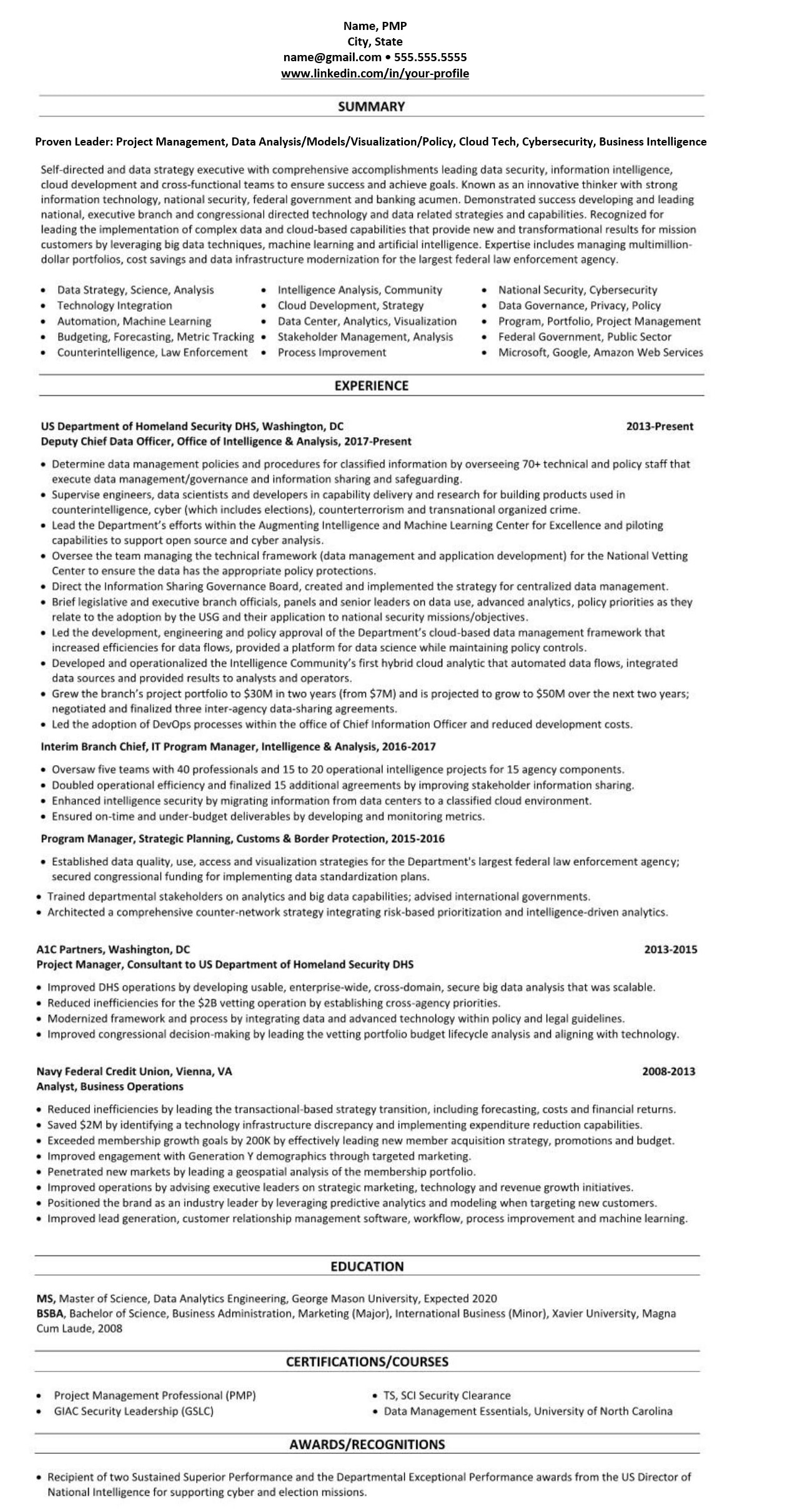 Professional Resume Example CV Project Management PMP 2665