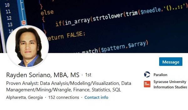 Sample Linkedin Profile Summary Example Business Intelligence Data Analysis Statistics 2505 600x350