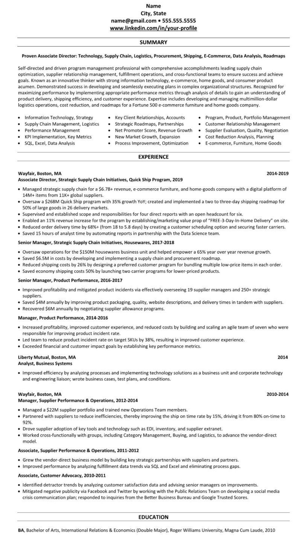 sample professional/executive resume example e-commerce online retail 2726