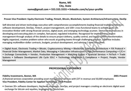 Cryptocurrency & Blockchain Professional Resume Writing Sample