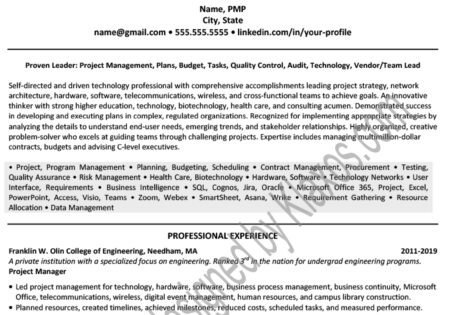 Project management resume and LinkedIn profile examples