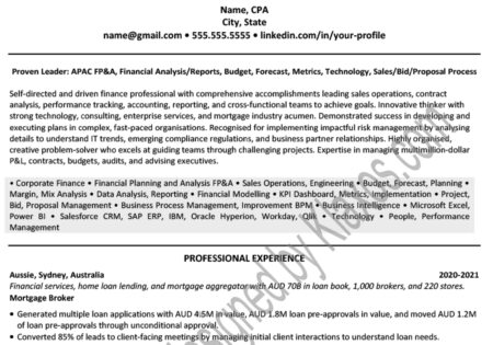 Sydney Professional Resume/CV Example