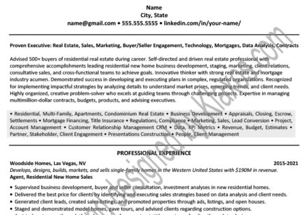 Residential SFH Home Real Estate Sales Agent resume example