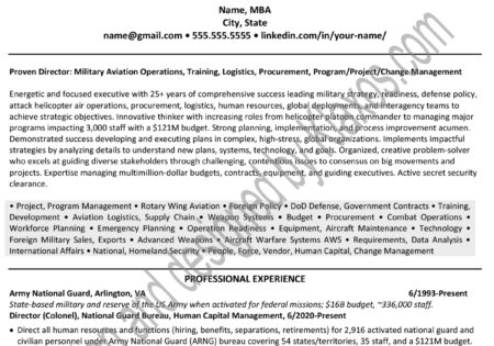 National Guard transition to civilian business resume example